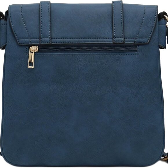Double Compartment Faux Leather Crossbody Bag Navy Blue Zipper Closure - Picture 3 of 6